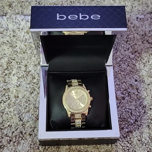 Bebe women\'s watch gold with rhinestones with original case for storage. Bebe Womens Pink Watch, bebe Logo Dial | Mercari main image 4